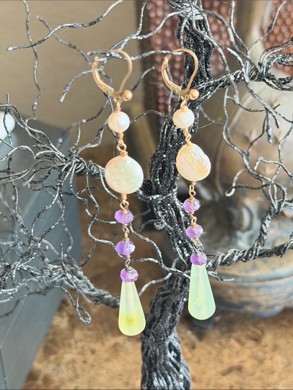 Gold 14kt gf French levers Drop fresh water white coin pearls amethyst teardrop